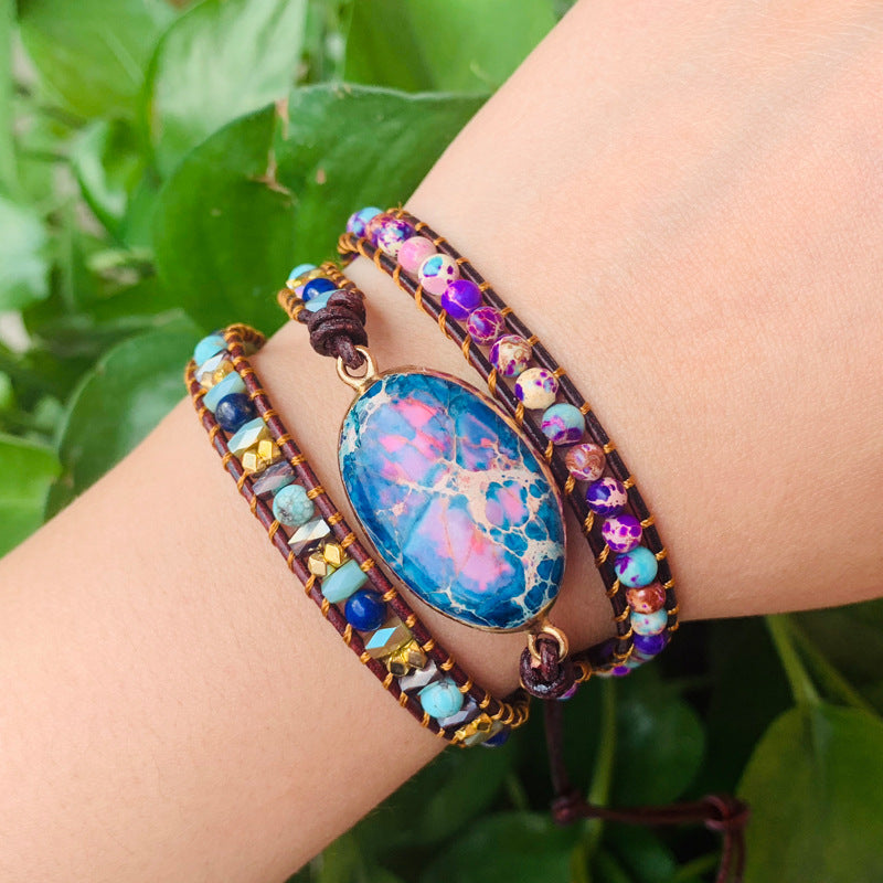 Pulseira Boêmia de Couro e Pedra Natural