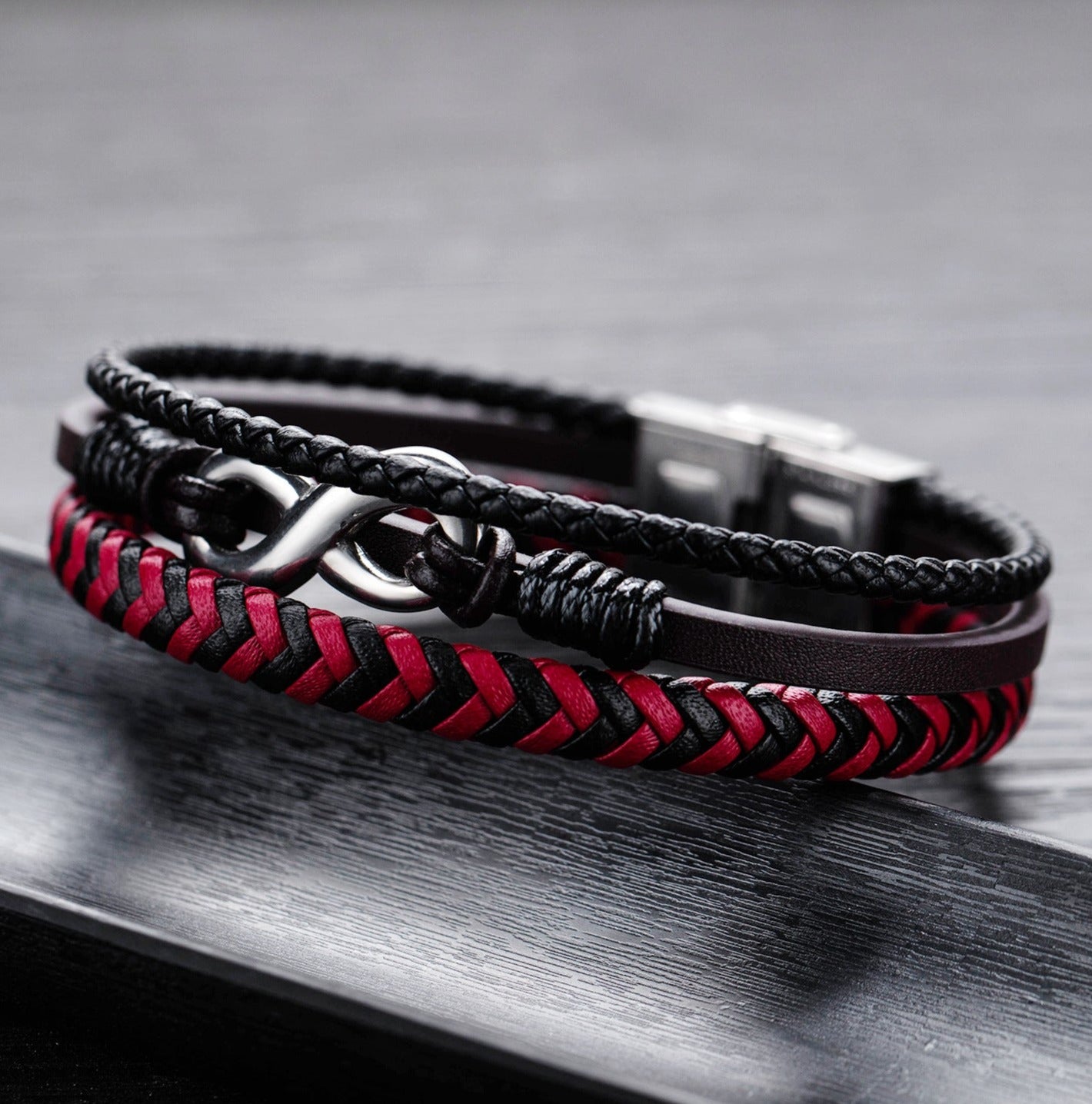 Infinity Stainless Steel and Leather Bracelet