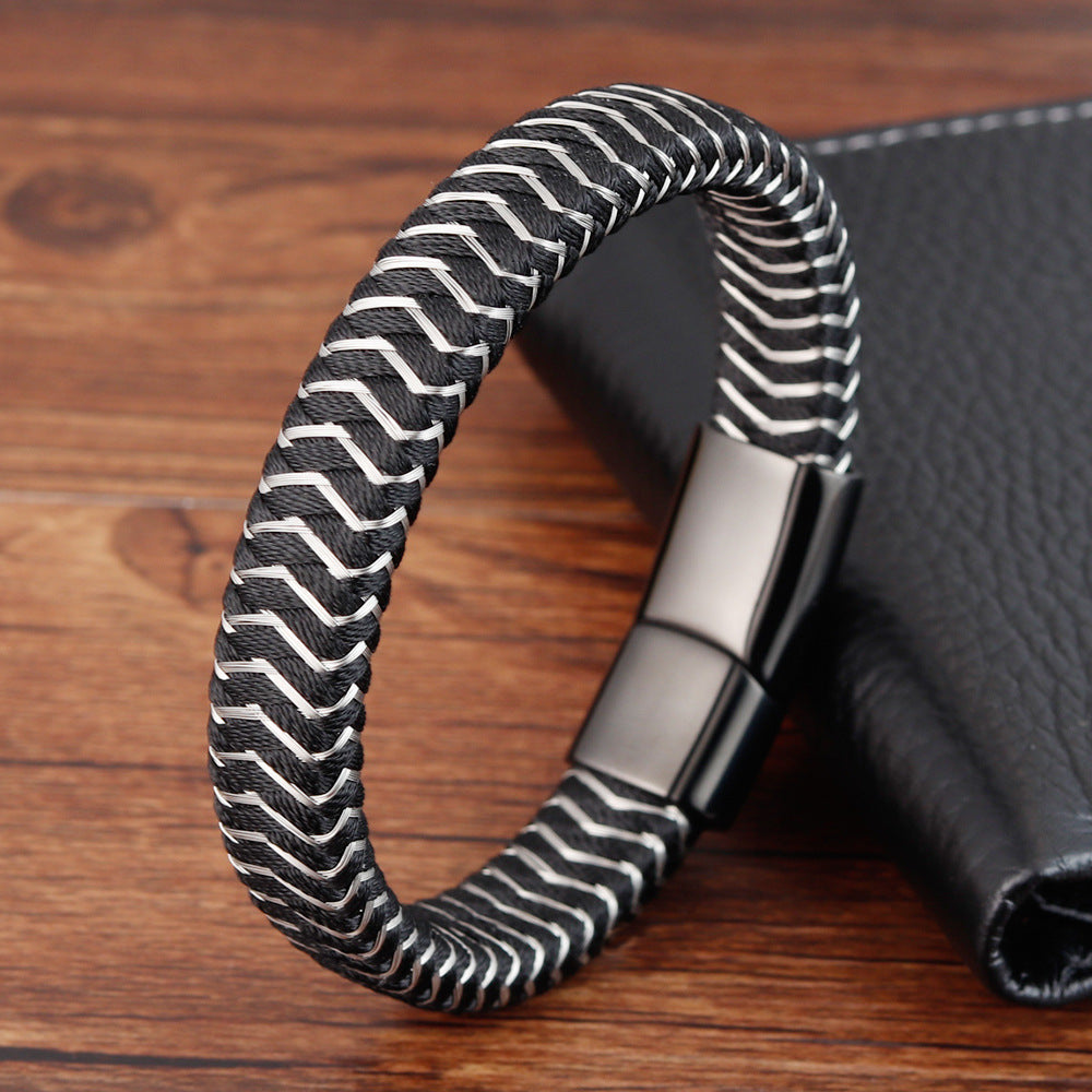 Pulseira de Couro e Aço Inoxidável