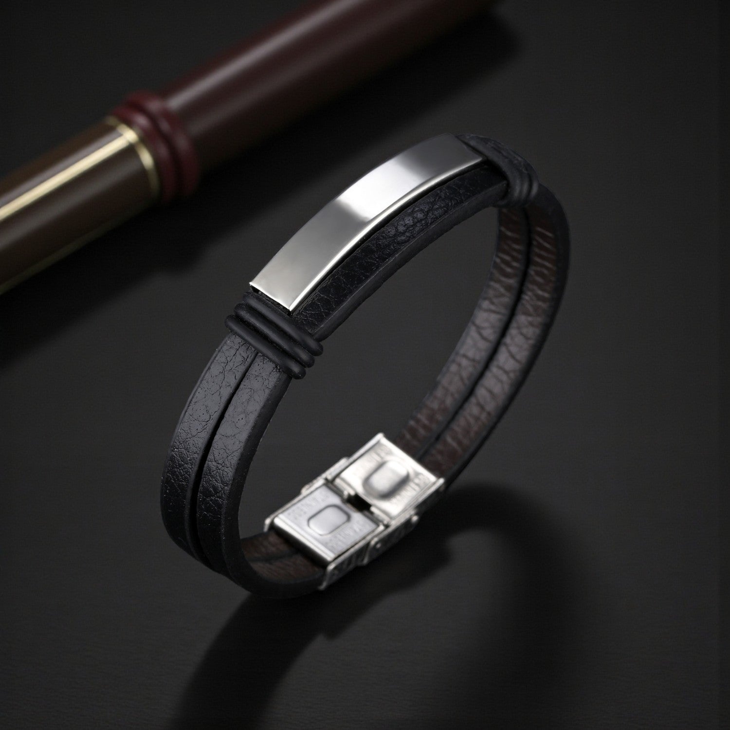 Pulseira de Couro e Aço Inoxidável