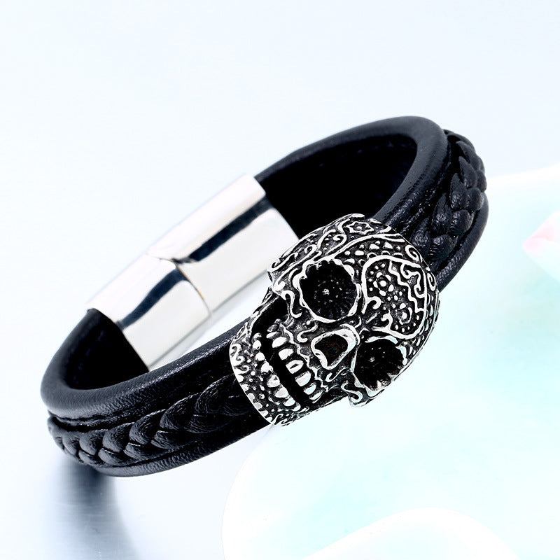 Pulseira Skull de Couro e Aço Inoxidável 316L