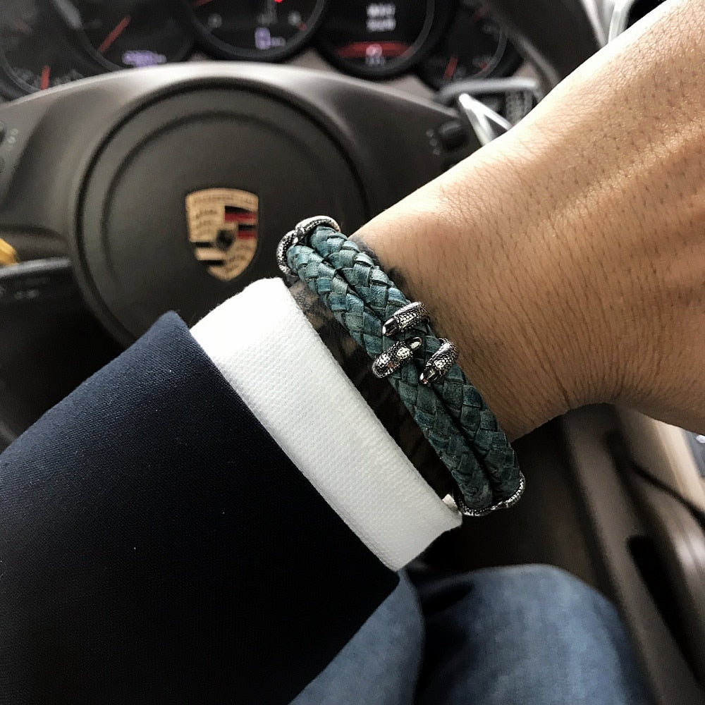 Pulseira de Couro e Aço Inoxidável