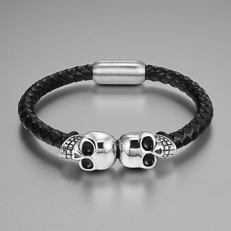 Pulseira Skull de Couro Trançado
