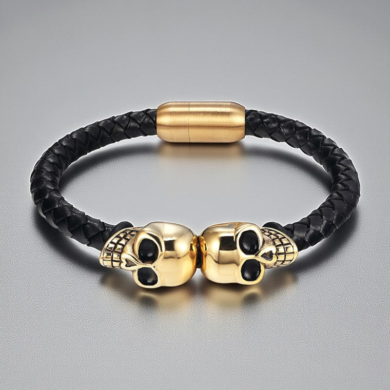 Pulseira Skull de Couro Trançado