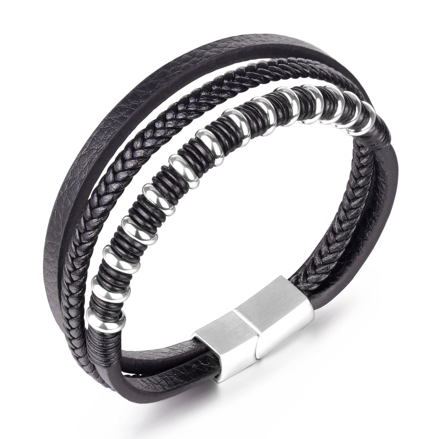 Pulseira de Couro e Aço Inoxidável