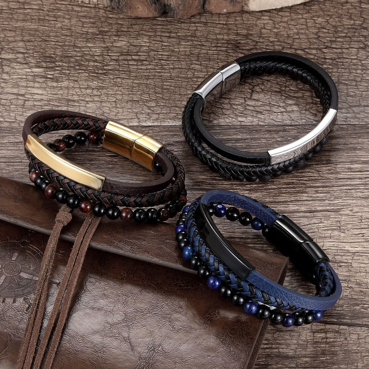 Pulseira de Couro e Pedra Natural