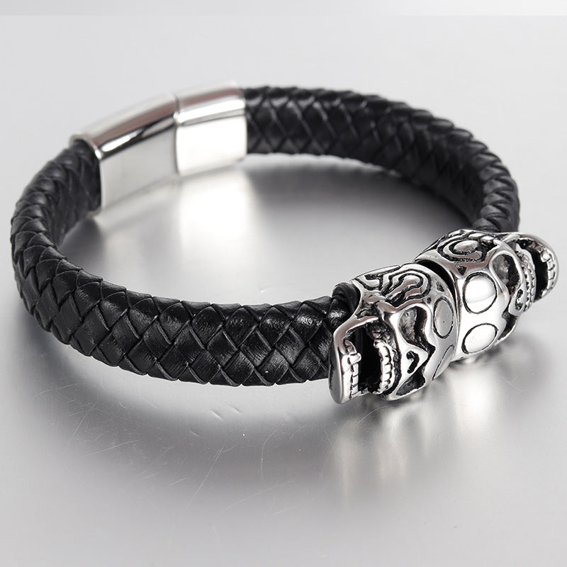 Pulseira Skull de Couro e Aço Titânio