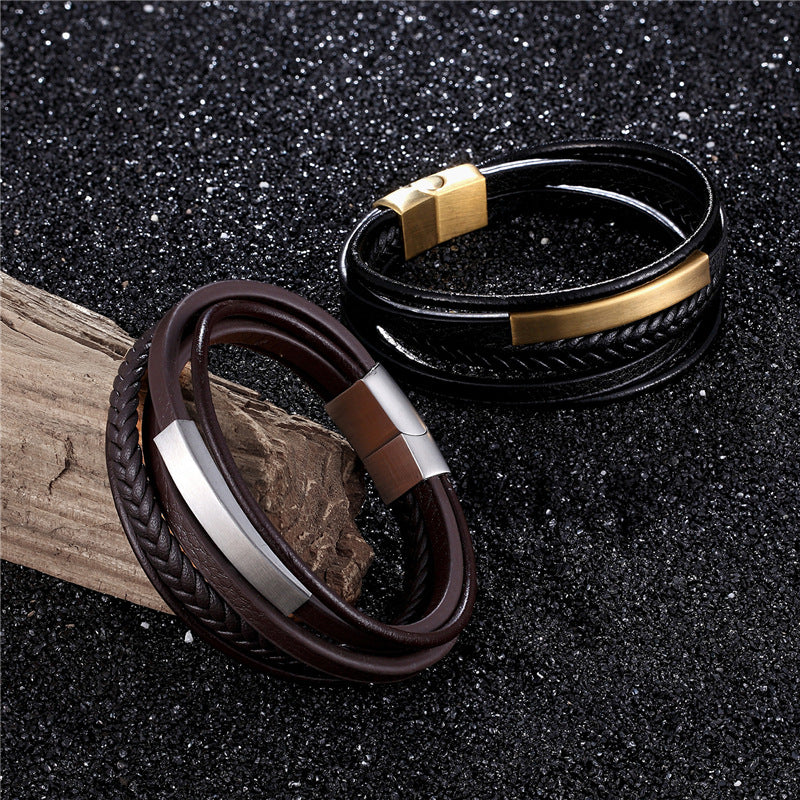 Pulseira de Couro e Aço Inoxidável