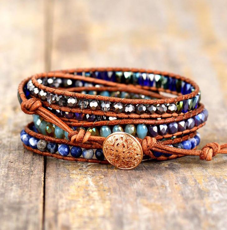Pulseira Étnica de Couro e Pedra Natural