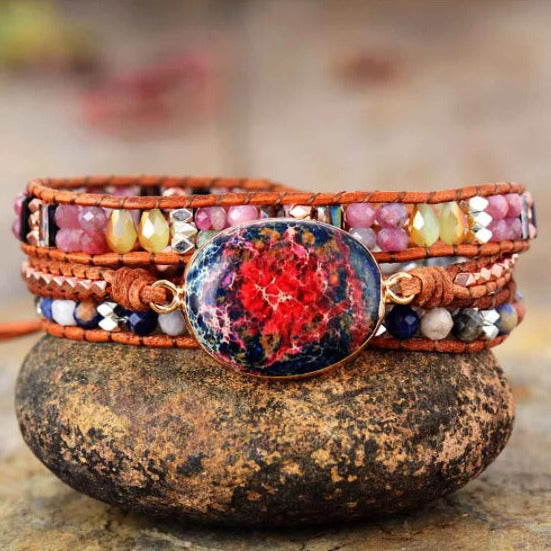 Pulseira Boêmia de Couro e Pedra Natural