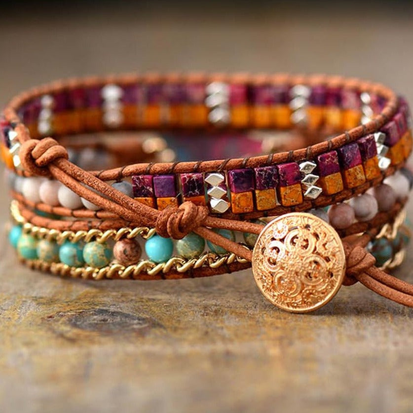 Pulseira Boêmia Star de Couro e Pedra Natural