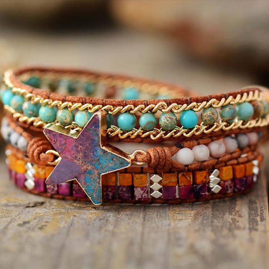 Pulseira Boêmia Star de Couro e Pedra Natural