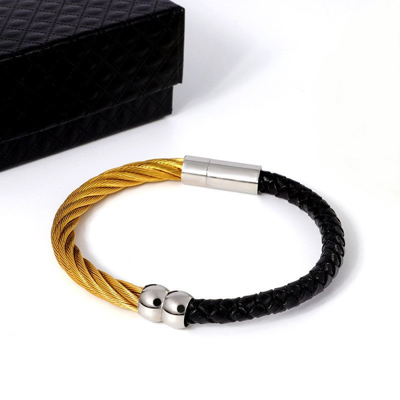 Pulseira em Couro e Aço Inoxidável