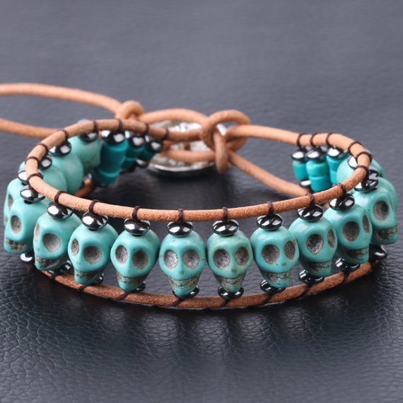 Pulseira Skull de Couro e Pedra Natural