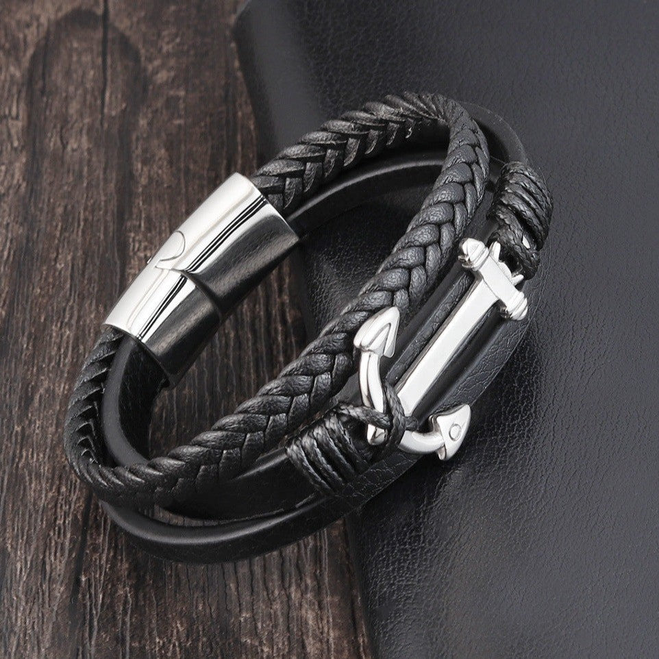 Pulseira Âncora de Couro e Aço Inoxidável