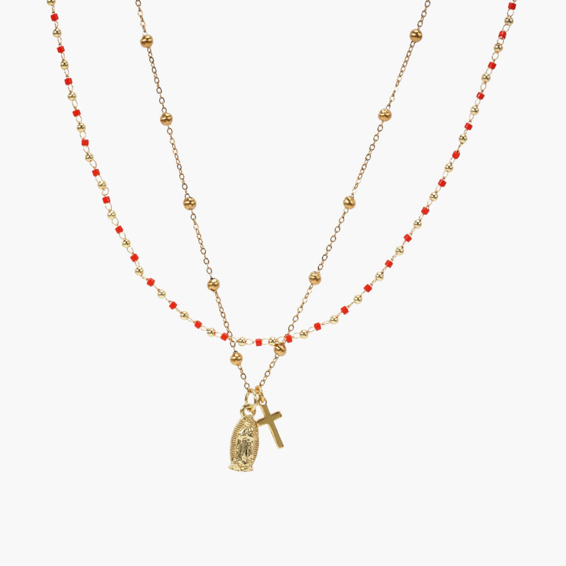 Colar Duplo Elegante com Contas e Pendentes Religiosos