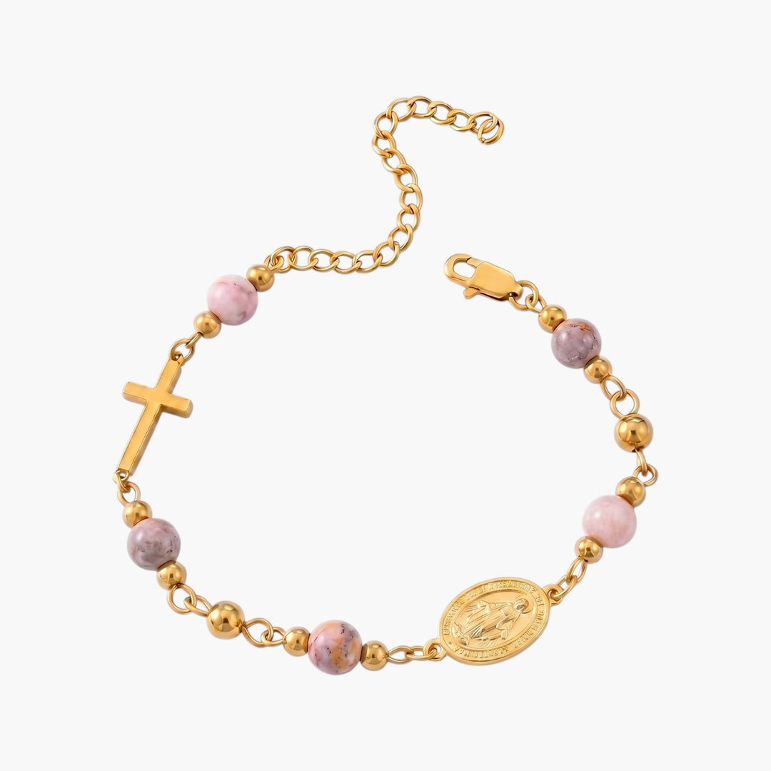 Pulseira Nossa Senhora Milagrosa em Aço Inoxidável Dourado com Pedras Naturais