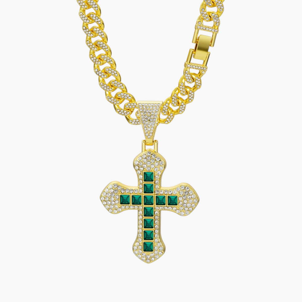 Gourmette Chain Necklace with Pavé Cross and Crystals