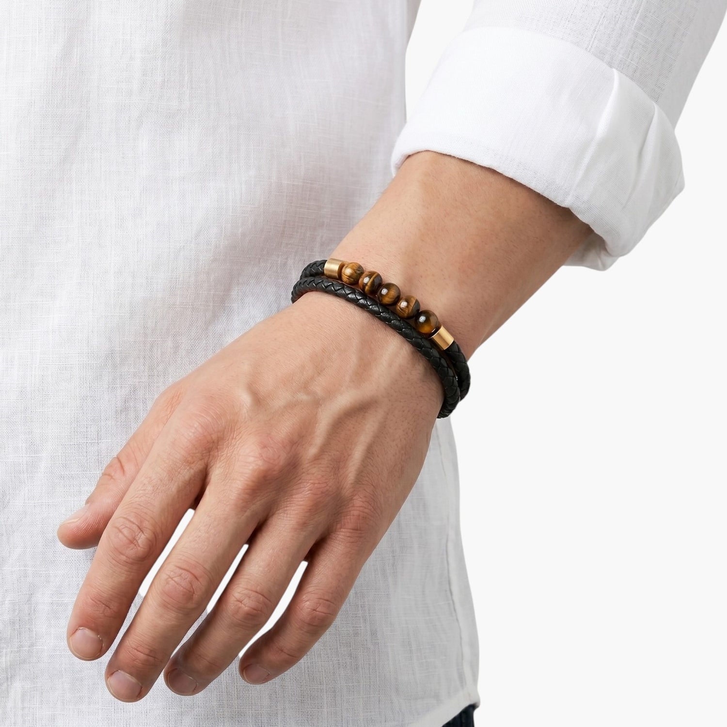 Pulseira em Couro Trançado com Pedra Natural