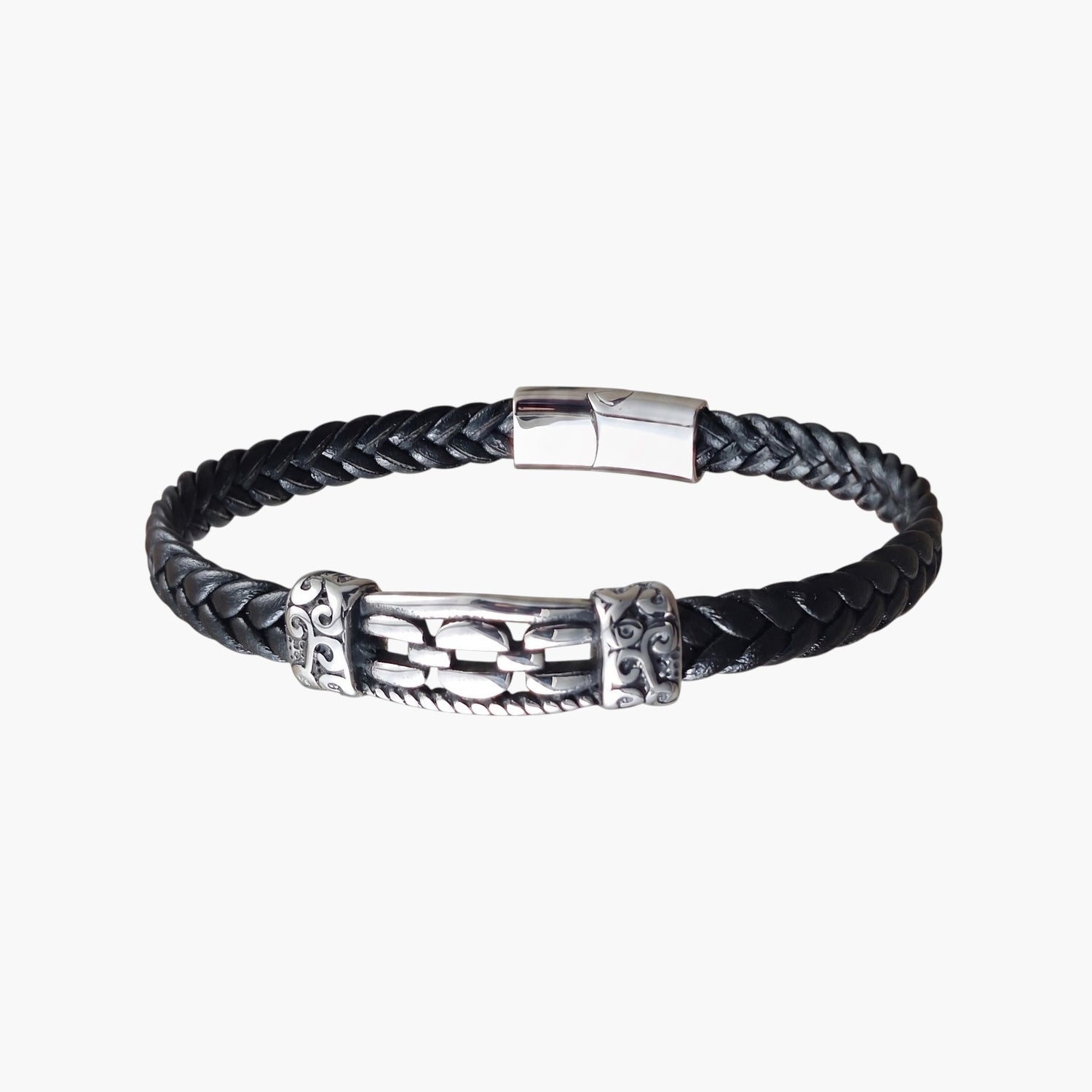 Men's Stainless Steel Braided Leather and Chain Bracelet