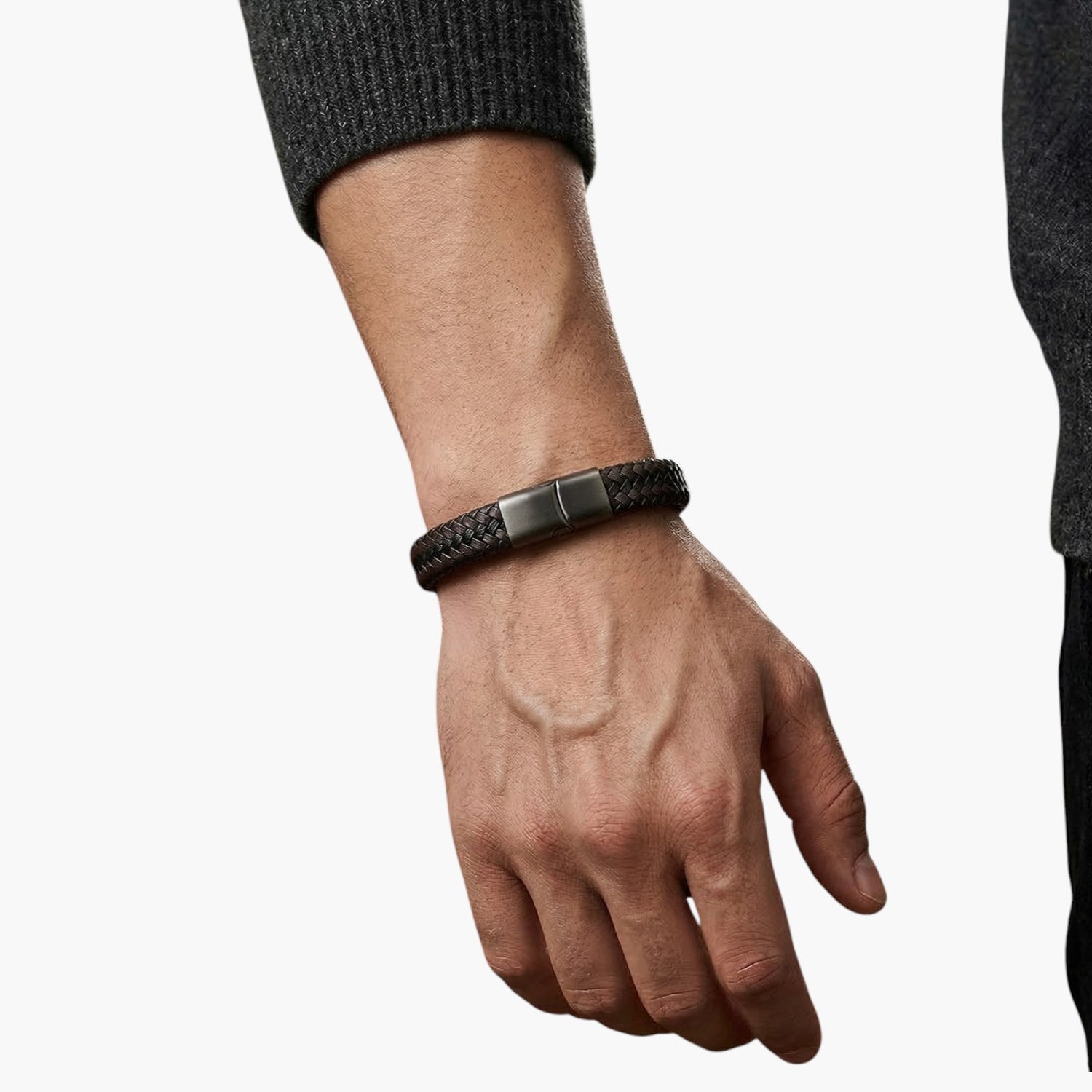 Pulseira Trançada em Couro e Aço Inoxidável