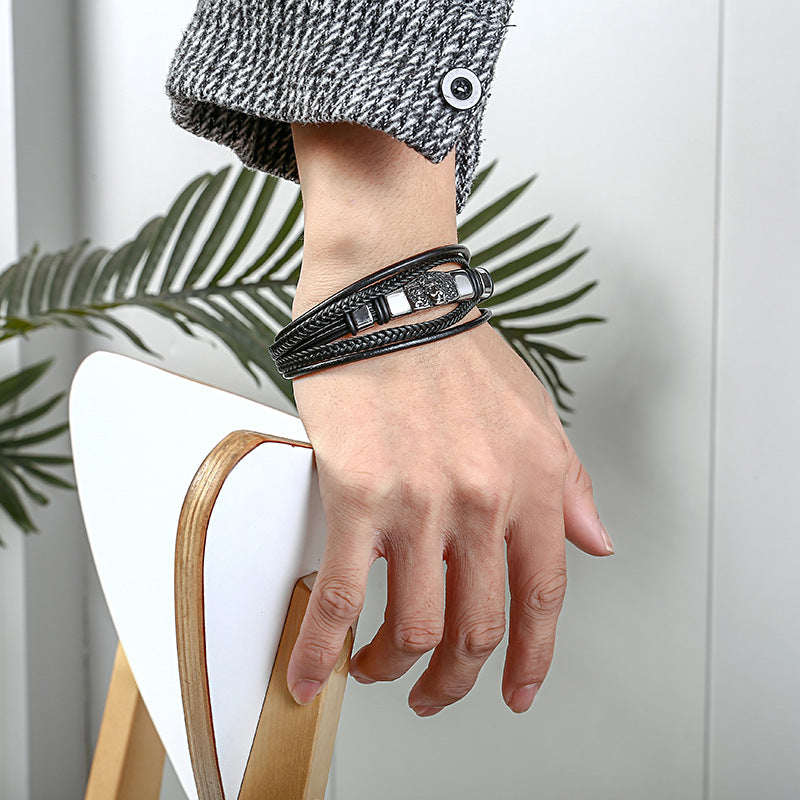 Pulseira de Couro e Aço Inoxidável