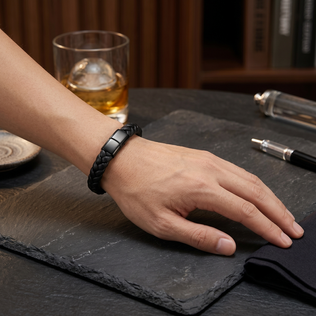 Pulseira em Pele Genuína Trançada com Fecho em Aço Inoxidável 316L