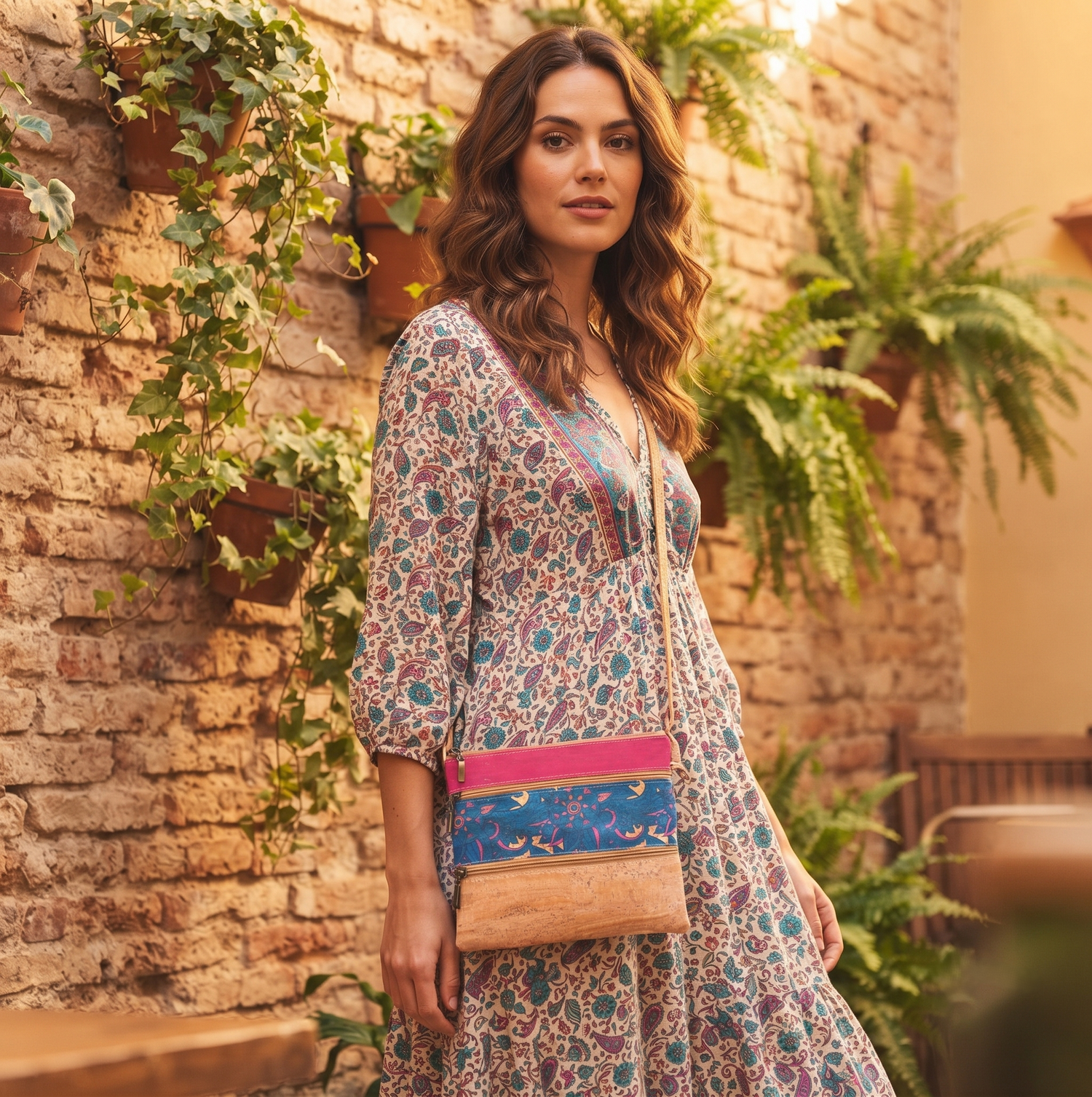 Mala a Tiracolo em Cortiça Natural com Costuras Decorativas