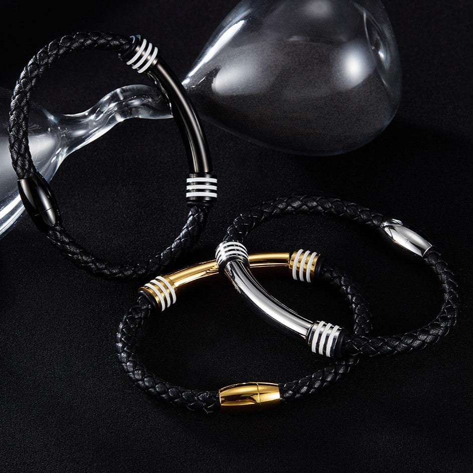 Pulseira de Couro e Aço Inoxidável