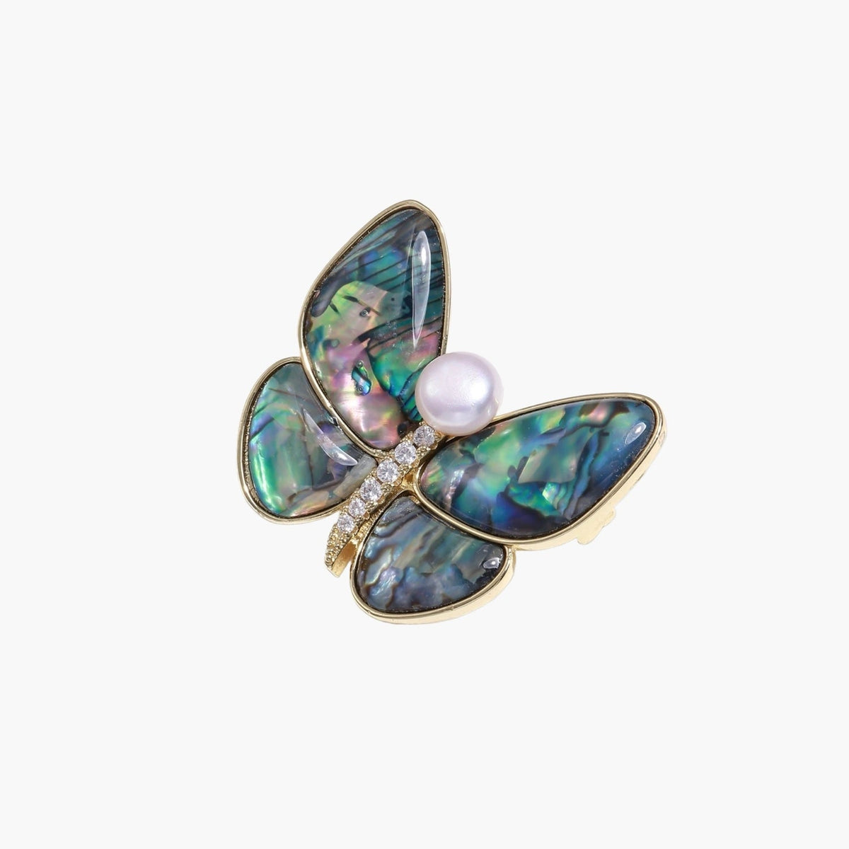Gold-plated butterfly brooch with iridescent abalone shell wings and freshwater pearl accent on cream background.