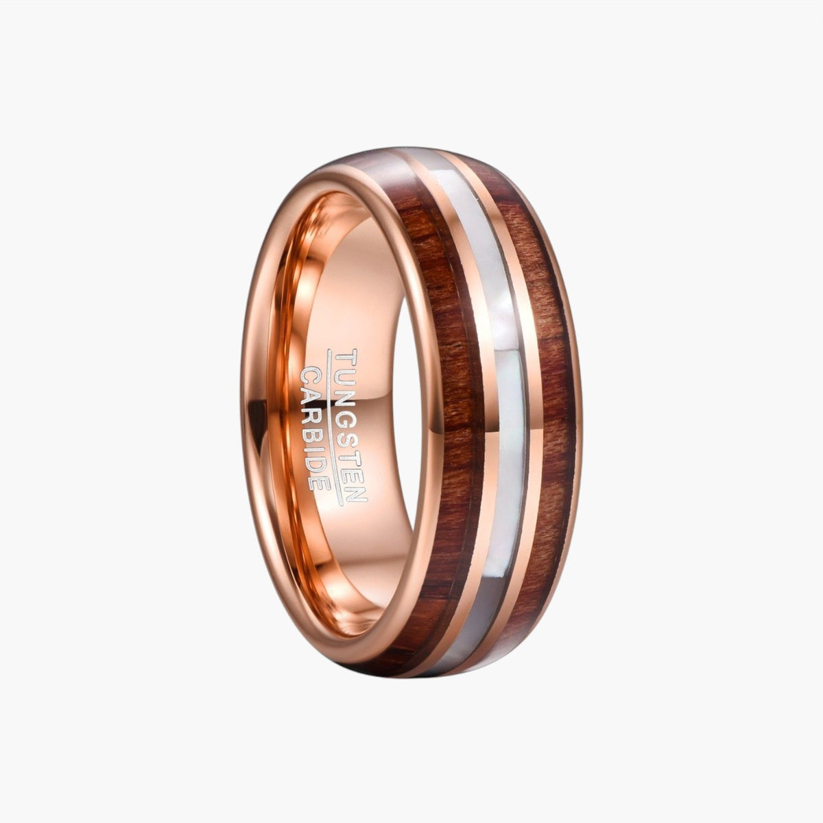 Rose Gold Tungsten Ring with Wood and Mother-of-Pearl