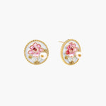 Gold-rimmed circular stud earrings with hand-painted pink peony enamel and pearl accents on white background