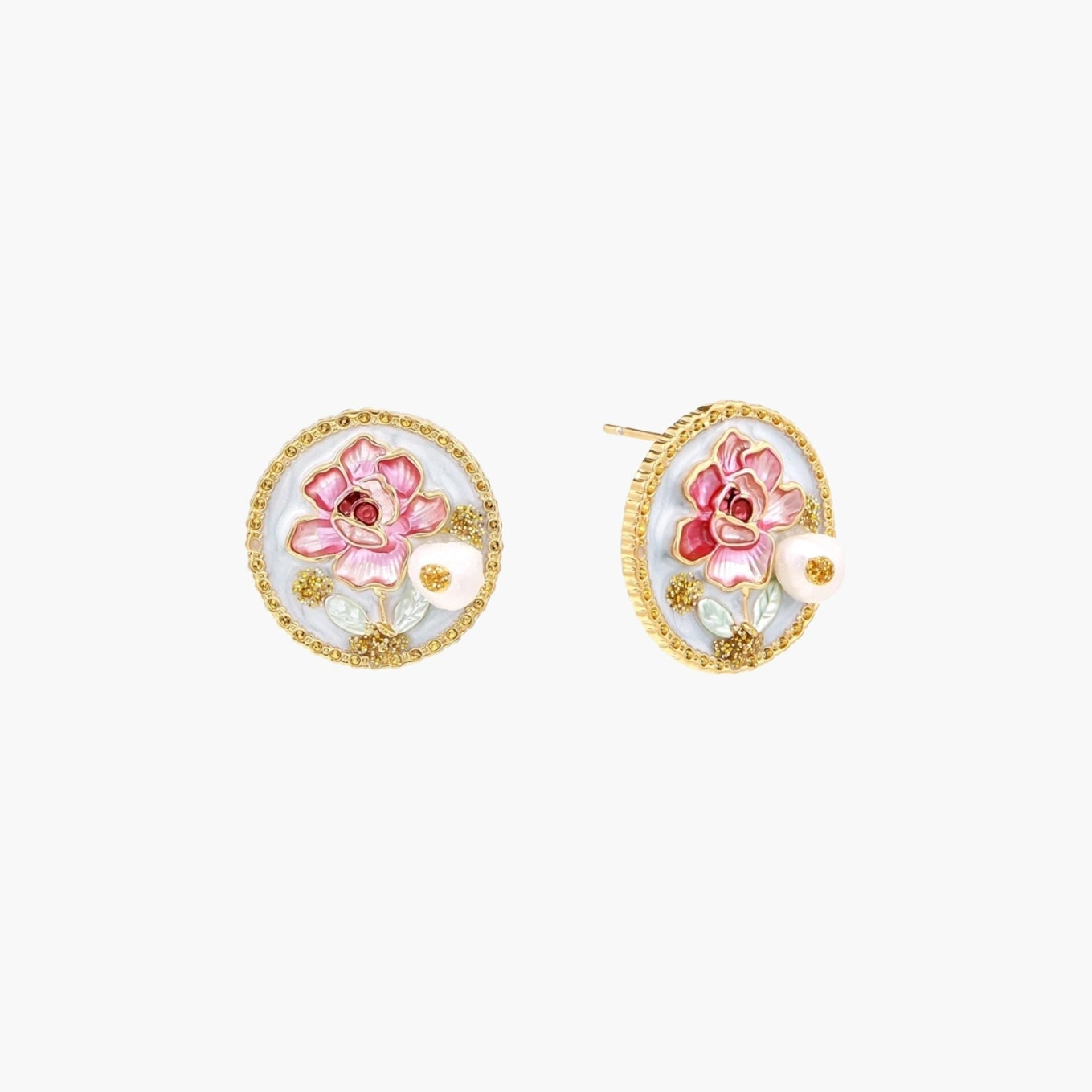 Gold-rimmed circular stud earrings with hand-painted pink peony enamel and pearl accents on white background