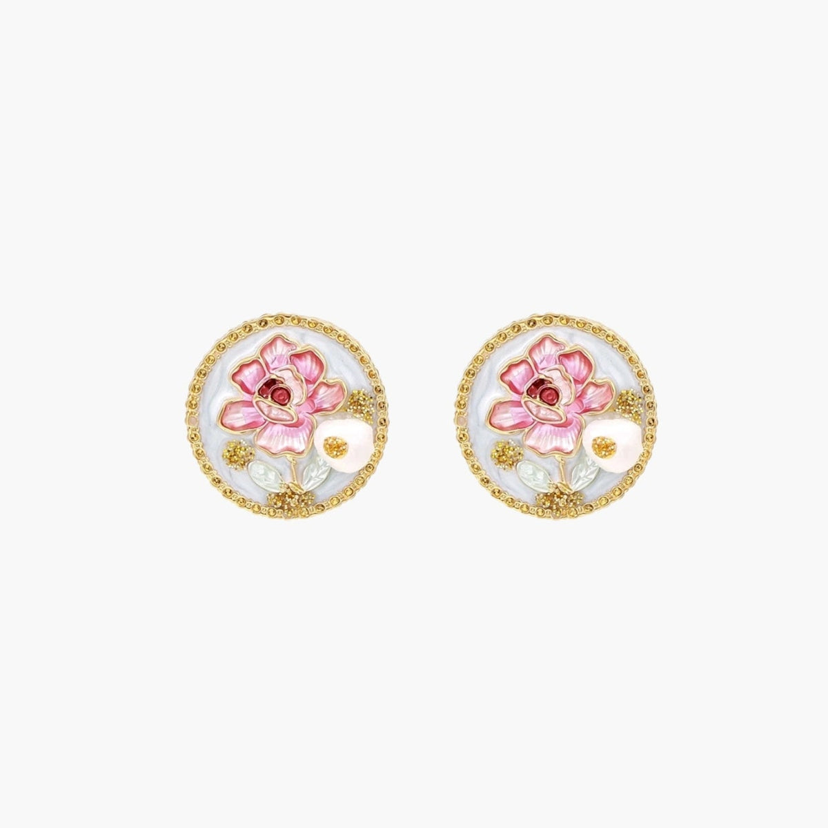 Gold-rimmed circular stud earrings with hand-painted pink peony enamel and pearl accents on white background