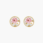 Gold-rimmed circular stud earrings with hand-painted pink peony enamel and pearl accents on white background
