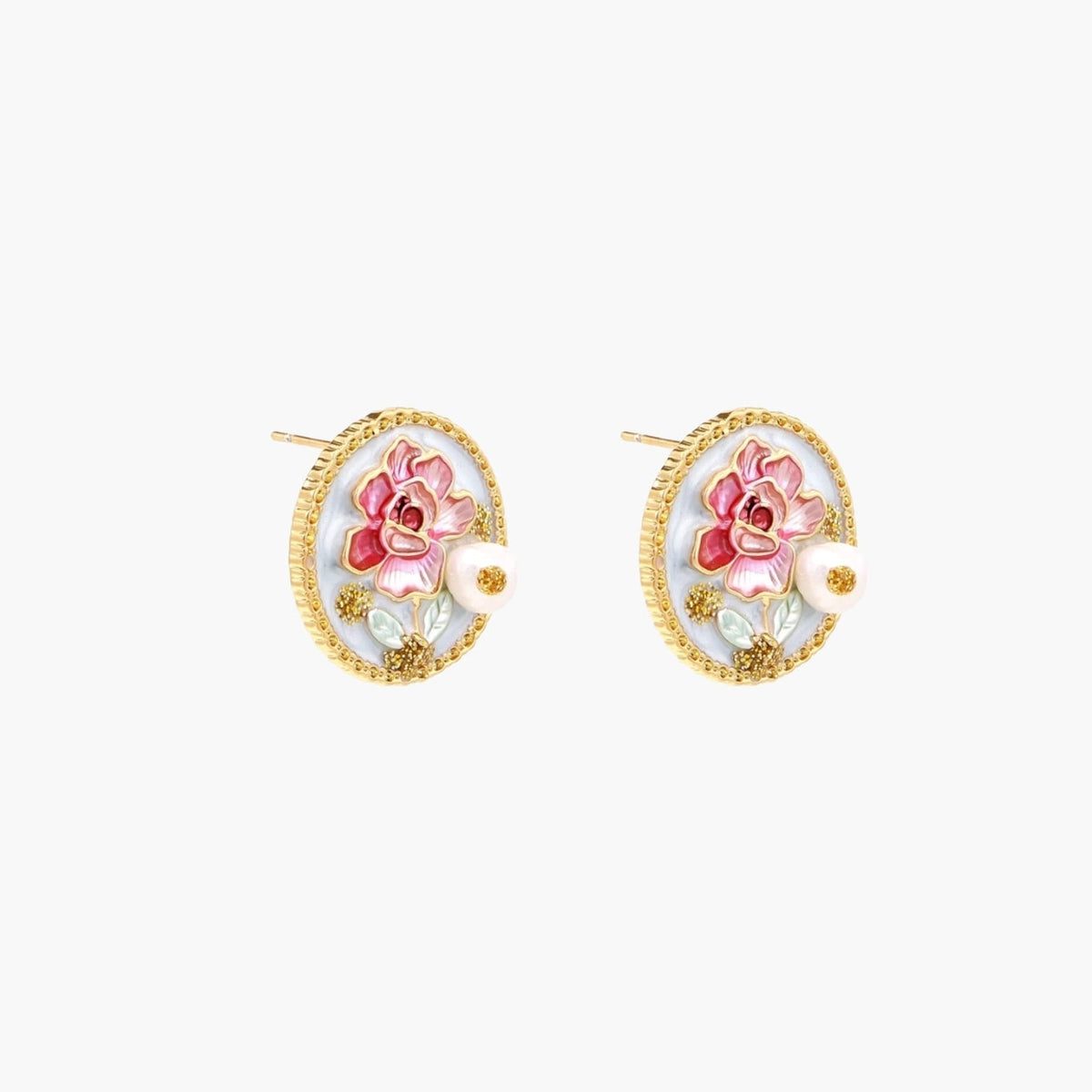 Gold-rimmed circular stud earrings with hand-painted pink peony enamel and pearl accents on white background