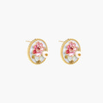 Gold-rimmed circular stud earrings with hand-painted pink peony enamel and pearl accents on white background