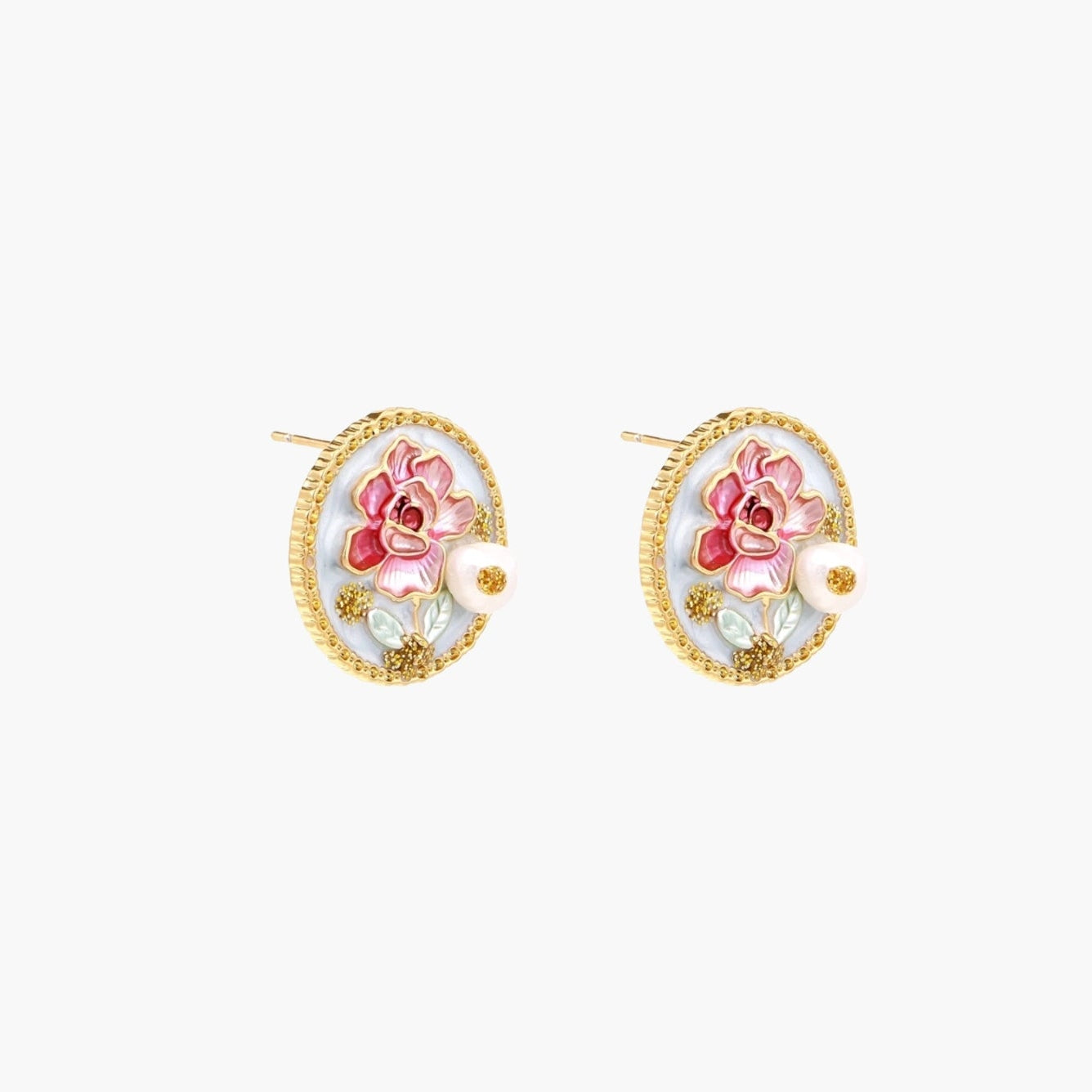 Gold-rimmed circular stud earrings with hand-painted pink peony enamel and pearl accents on white background