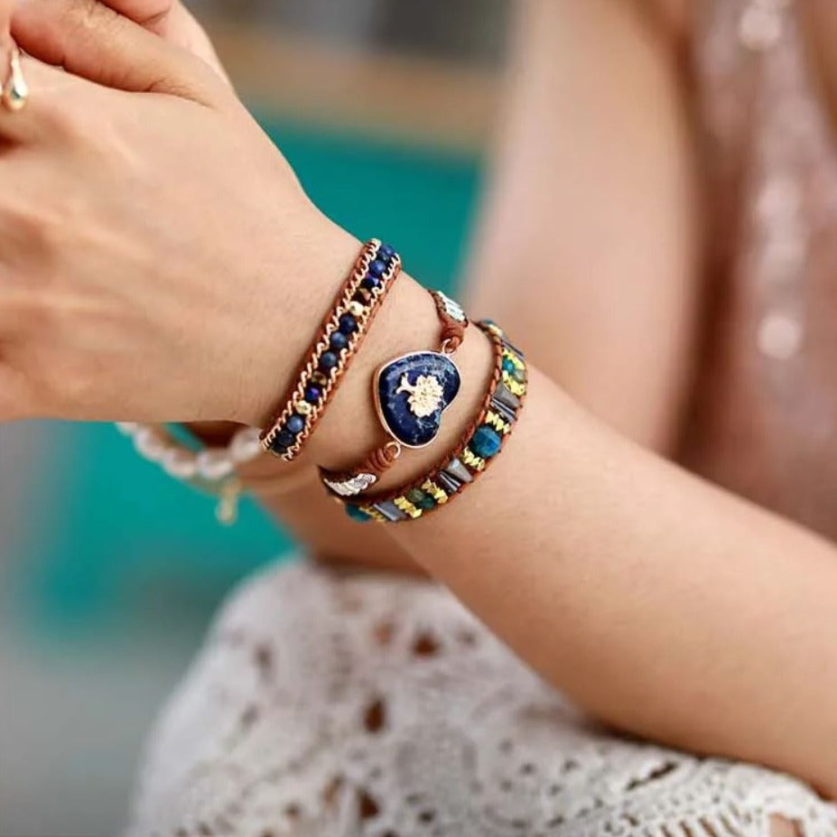 Pulseira Árvore da Vida de Couro e Pedra Natural