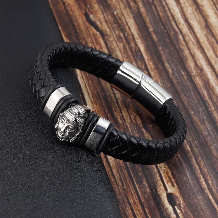 Pulseira Buda de Couro e Aço Inoxidável