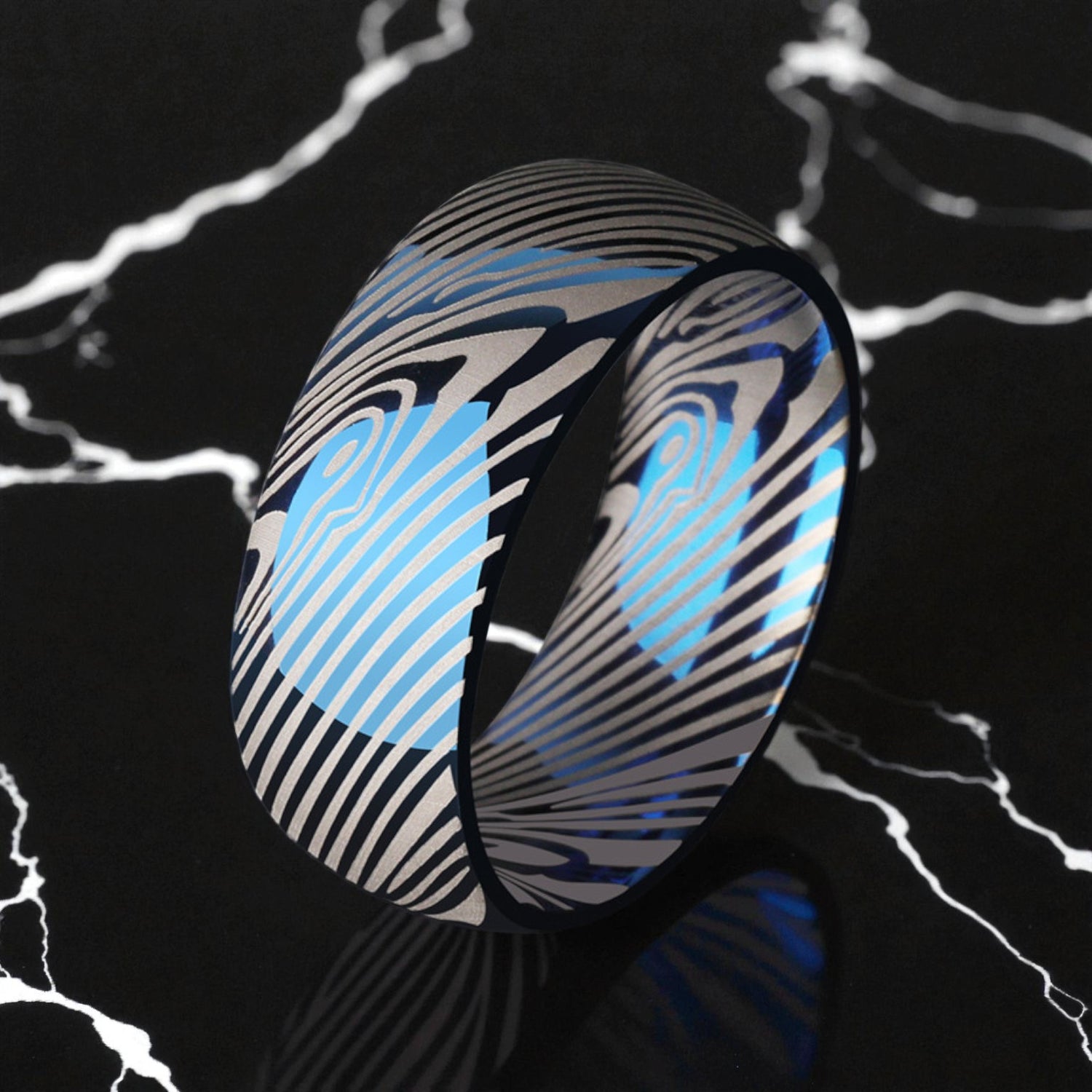 Anel Premium em Tungsténio Damascus Azul