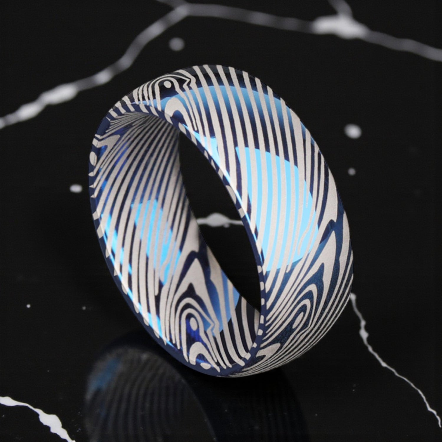 Anel Premium em Tungsténio Damascus Azul