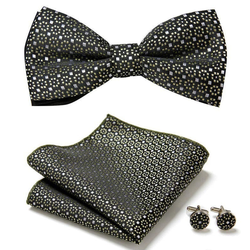 Conjunto de Laço, Lenço Quadrado e Botões de Punho