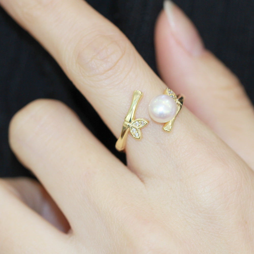 Anel Folha de Bambu com Pérola