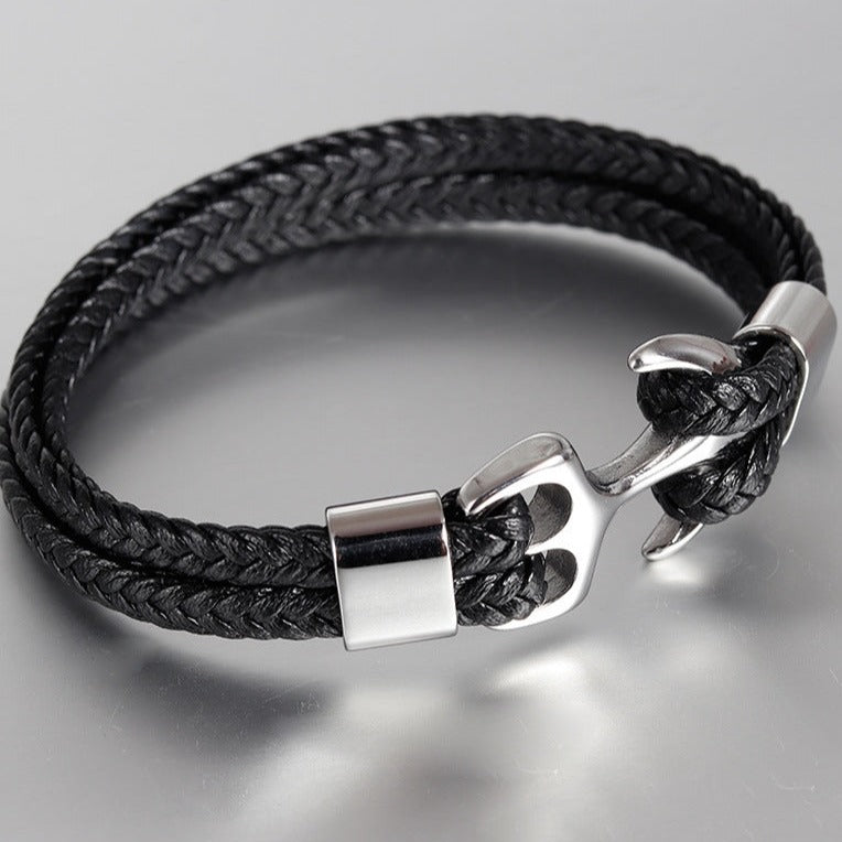 Pulseira Âncora de Couro e Aço Inoxidável