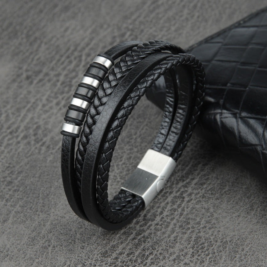 Pulseira de Couro e Aço Inoxidável