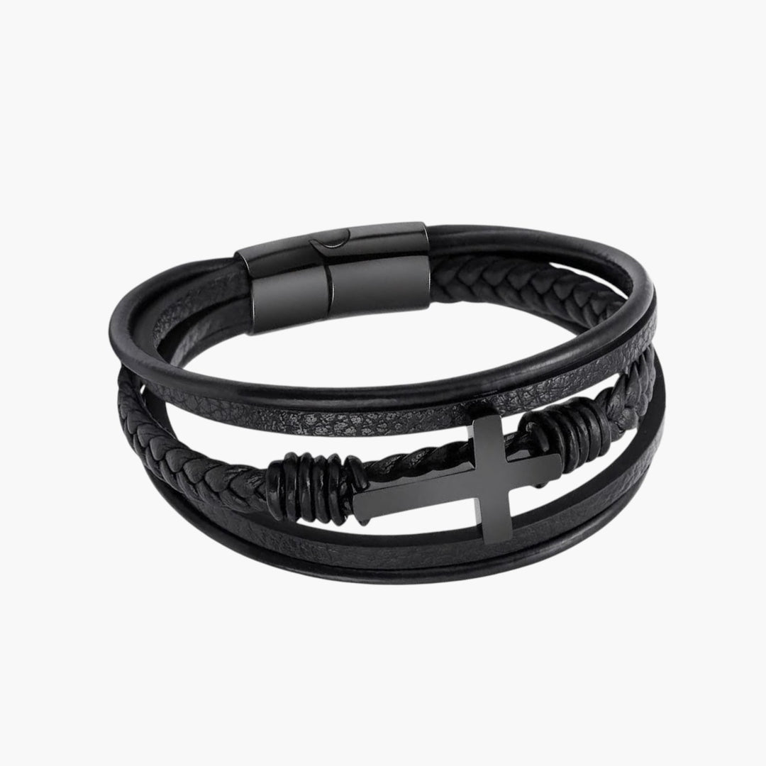 Pulseira em Couro e Aço Inoxidável com Cruz