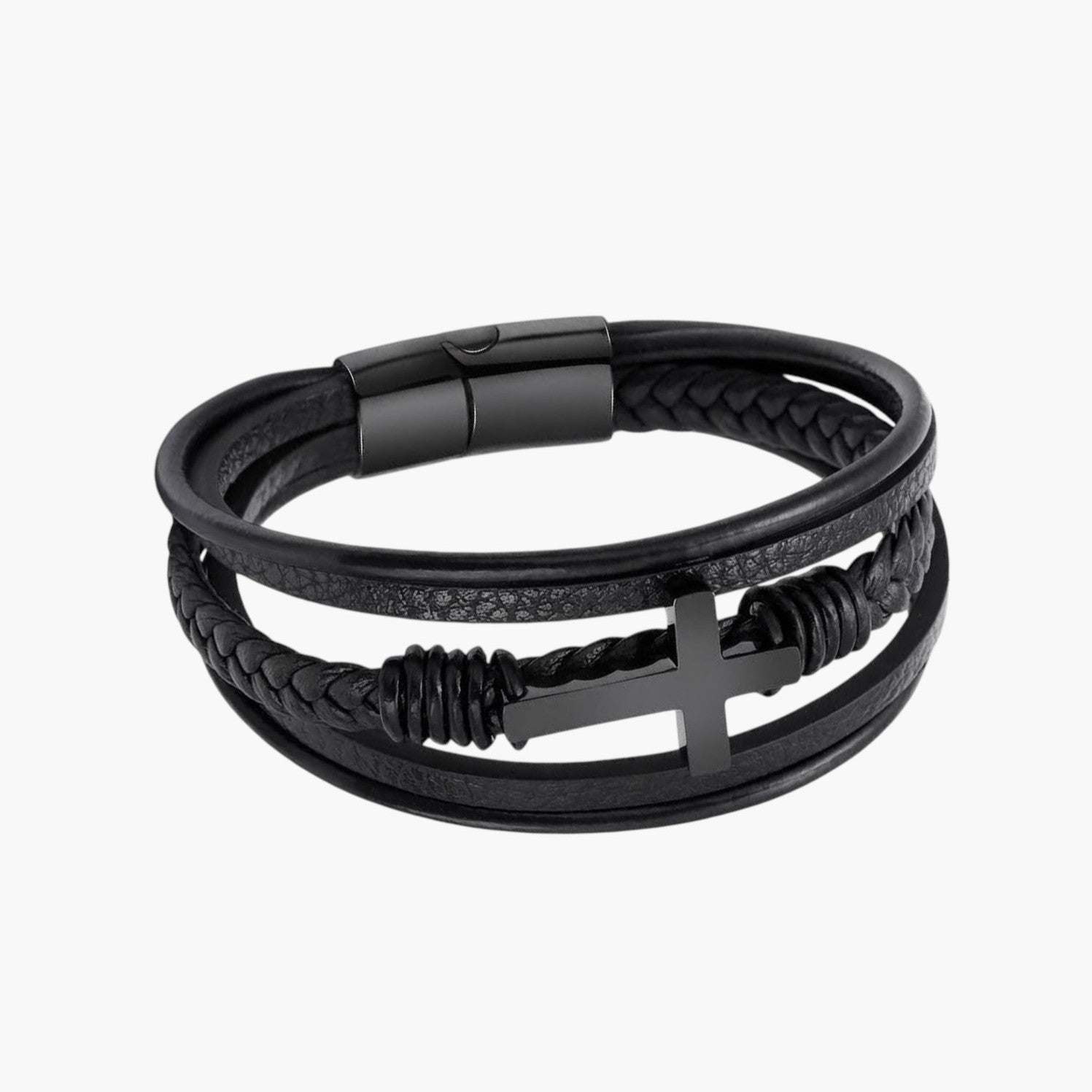 Pulseira em Couro e Aço Inoxidável com Cruz