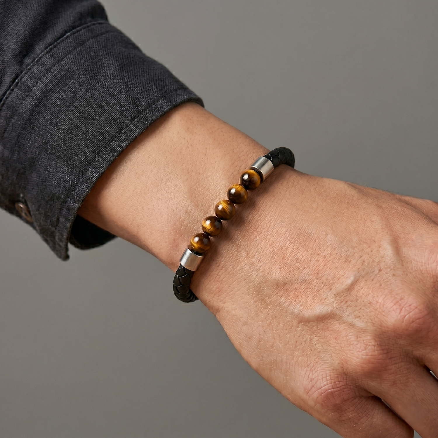 Pulseira de Couro e Pedra Natural