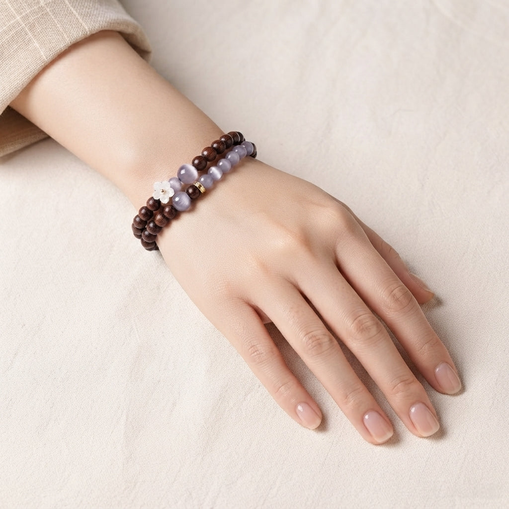 Pulsera Doble con Flor y Piedra Ojo de Gato
